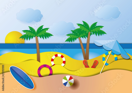 Fototapeta Naklejka Na Ścianę i Meble -  sea view in summer with water play equipment placed on the beach. view of the blue sea. summer time. sea with beach. paper cut and craft style. vector, illustration.