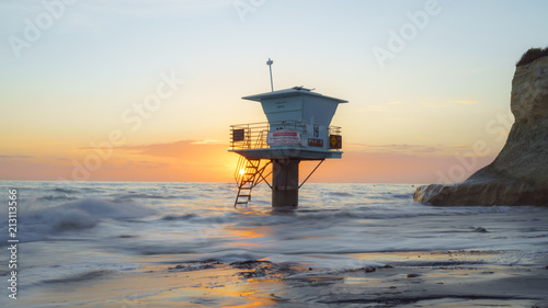 Photography Life Guard Tower and Sunset at Cardiff Beach, San Diego.