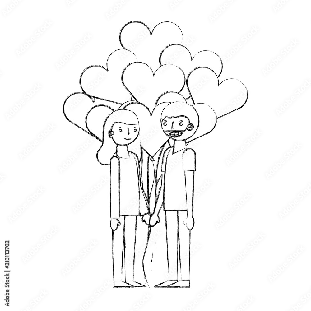 couple holding bunch balloons hearts decoration couple holding bunch balloons hearts decoration