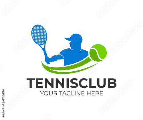 Tennis and tennis player hits the ball with a tennis racket, logo template. Active sport and tennis tournament, championship, vector design and illustration
