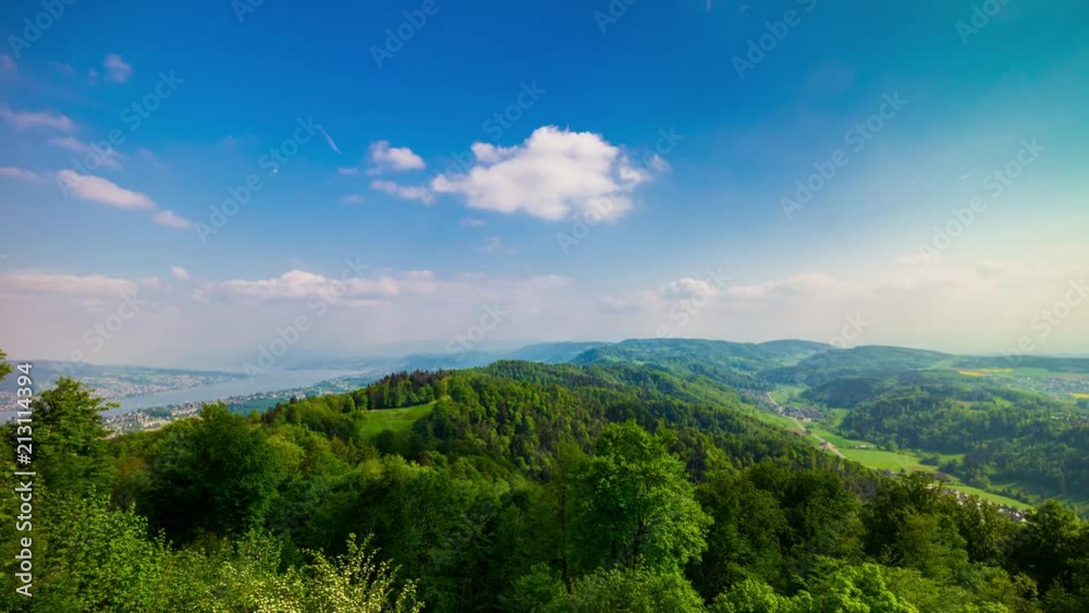 sunny day zurich cityscape uetliberg top view panorama 4k timelapse switzerland
