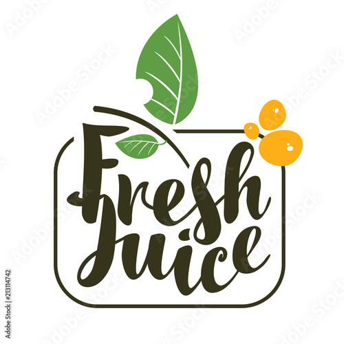 vector logo with inscription fresh juices with leaves and sprays