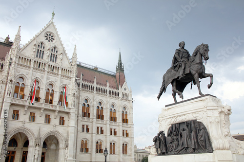 Statue of former Hungarian Prime Minister Count Gyula Andrassy situated outside the Hungarian Parliament Building in Budapest photo