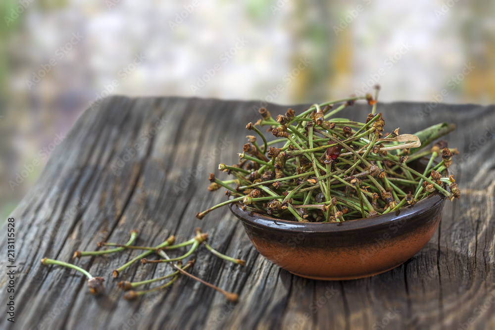 duretic, cherry tails medicine, healthy, herbal tea, virtues on wooden table