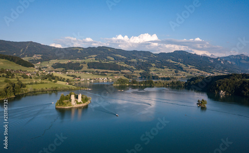 Aerial lake view on a castle on an island