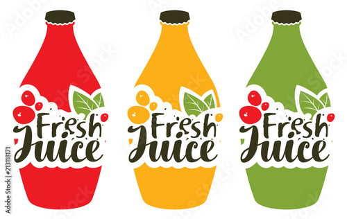 Vector banner with set bottles, green leaves and inscription fresh juice
