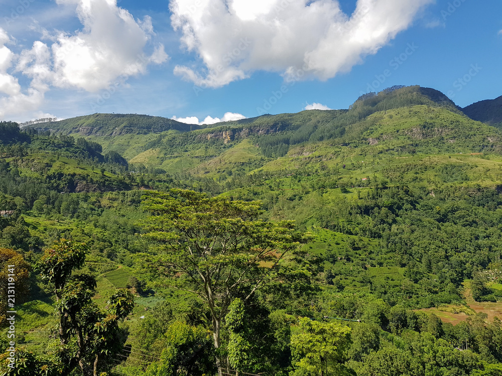 Mountain landscape in a green valley with the villages in central part of Sri Lanka