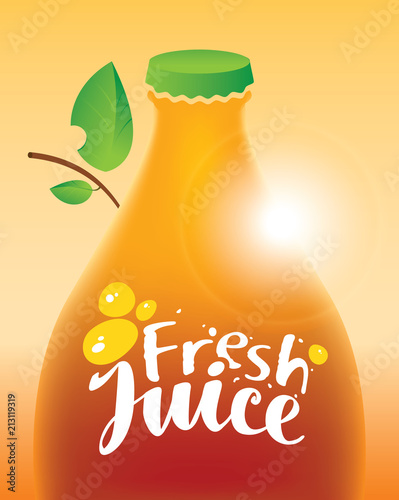 Vector banner with bottle, green leaves and inscription fresh juice