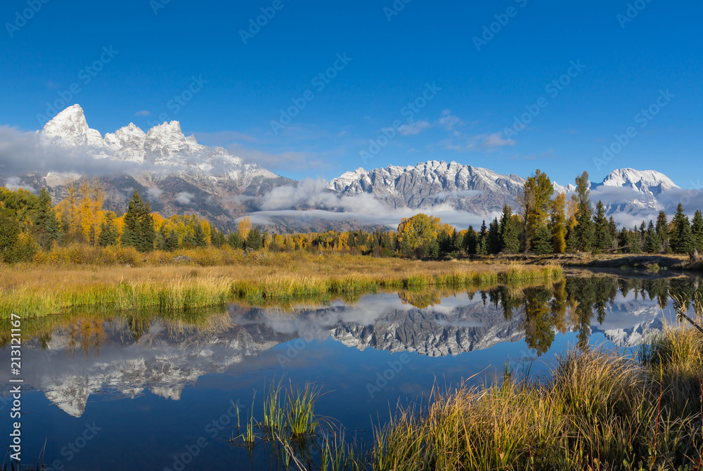 Beaver Pond Grand Tetons National Park near Schwabacher Landing with snow capped mountains