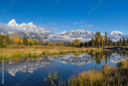 Beaver Pond Grand Tetons National Park near Schwabacher Landing with snow capped mountains