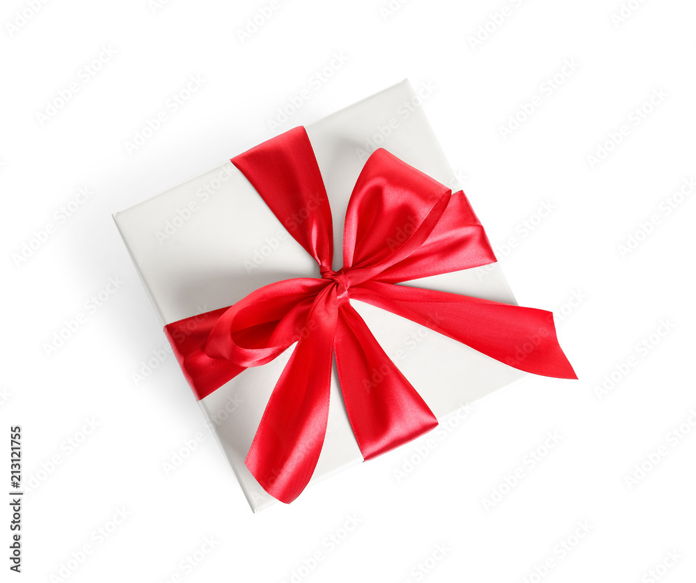 Gift box with ribbon on white background, top view Gift box with ribbon on white background, top view