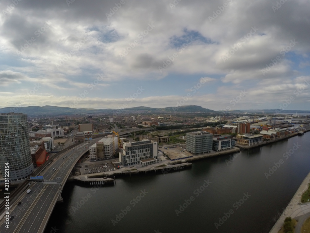 aerial view of road, bridge and buildings in Belfast northern Ireland. View on City from above 