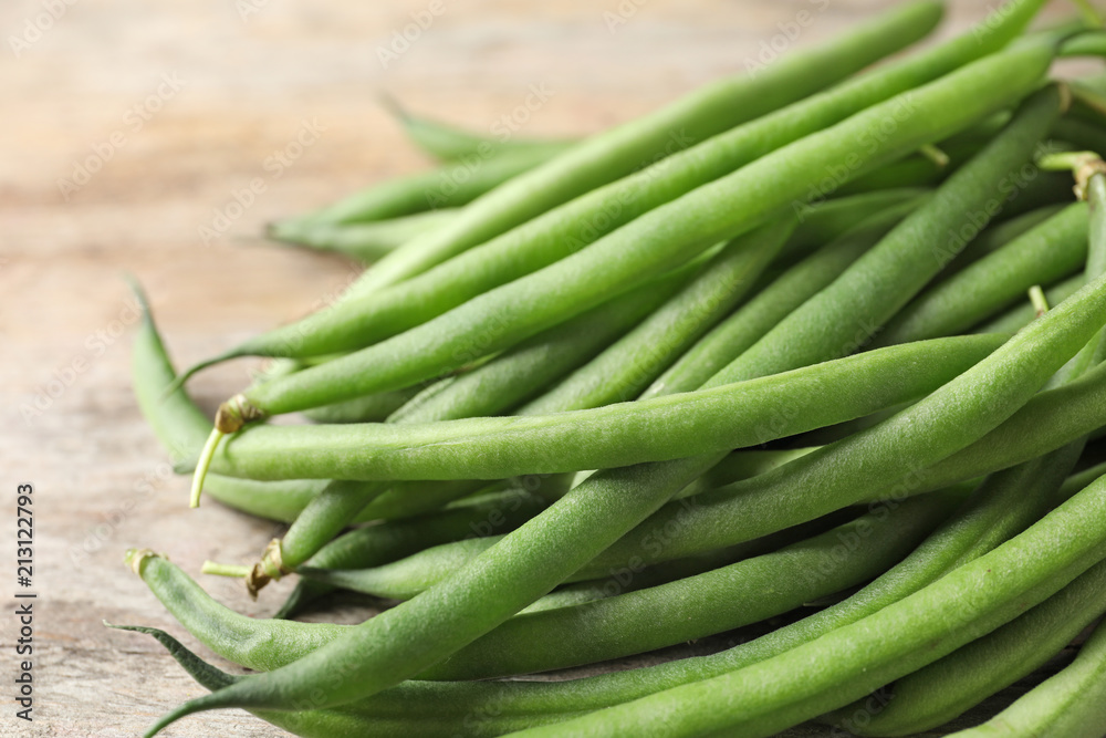 Pods of fresh green French beans, closeup