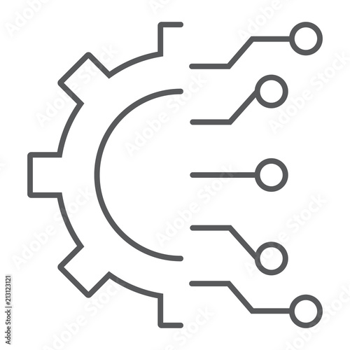 Business Intelligence thin line icon, data and analytics, cogwheel sign, vector graphics, a linear pattern on a white background, eps 10.