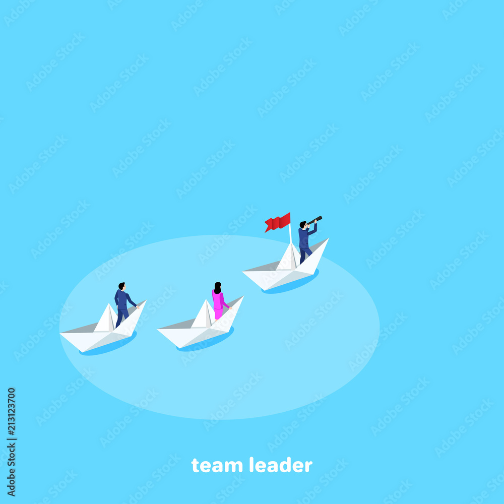 a team of people in business suits sails on paper boats, an isometric image