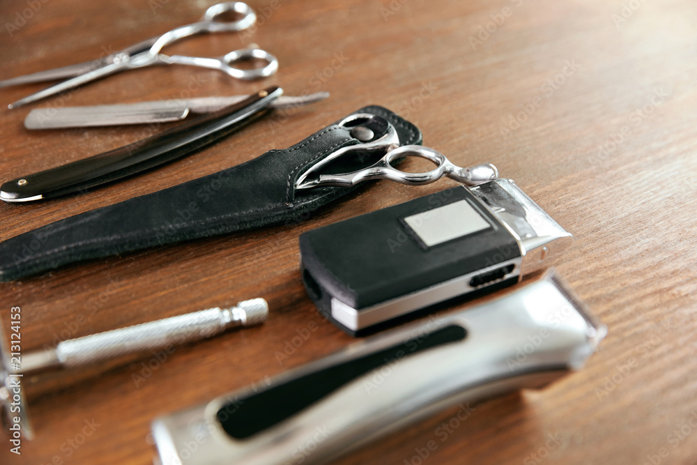Barber Tools On Wooden Background Barber Tools On Wooden Background