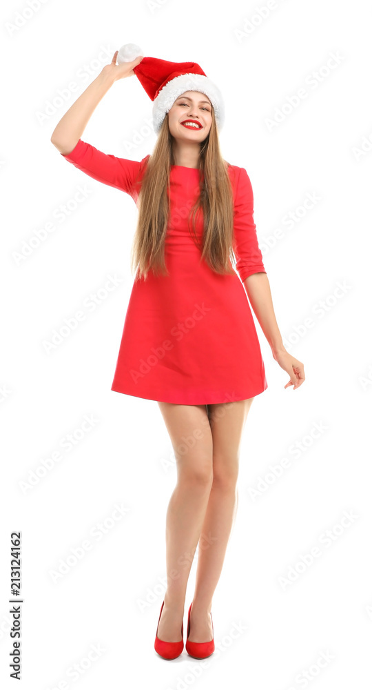 Young beautiful woman in Santa hat on white background. Christmas celebration Young beautiful woman in Santa hat on white background. Christmas celebration