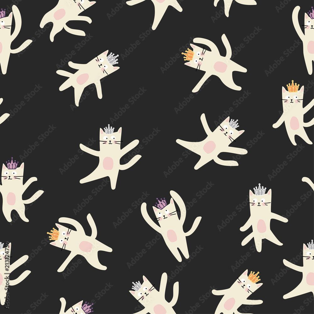 Cute dancing cats.Seamless flat pastel pattern for print on a T-shirt with a cute dancing cats princess for postcard, cases, posters, t-shirts,web,clothes.