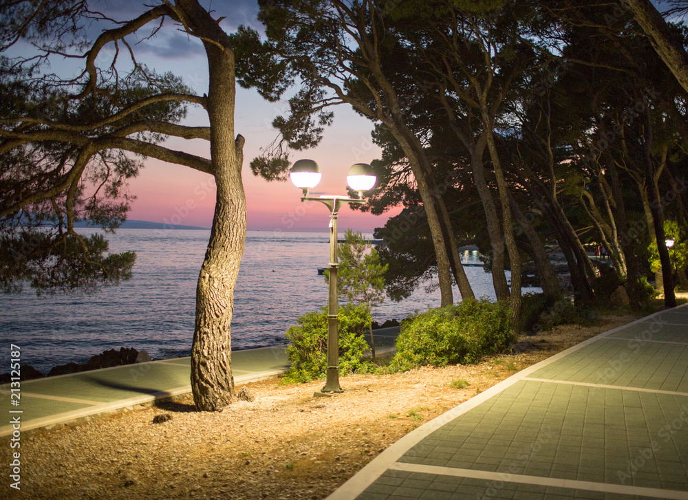 Path along beach lit by lonely street lump