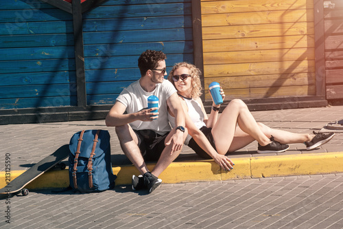 romantic couple walking in the city