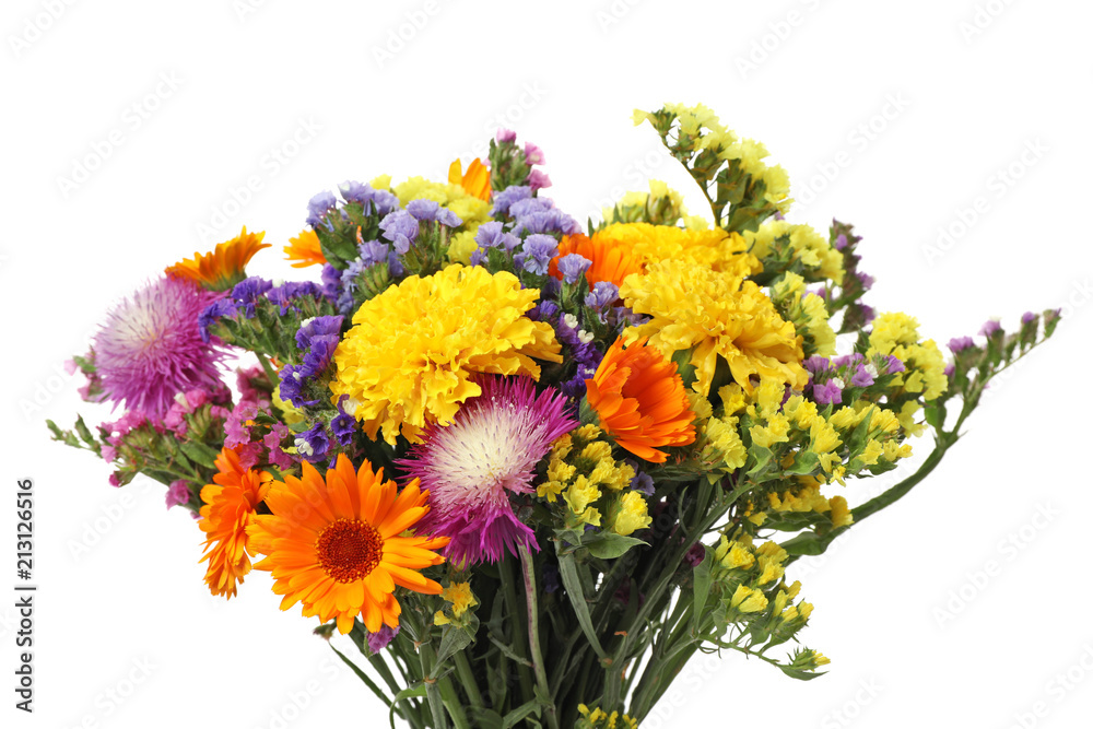 Obraz premium Bunch of beautiful wild flowers on white background