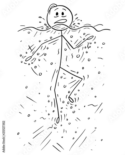 Cartoon stick drawing conceptual illustration of unhappy man swimming doing dog paddle or drowning in water.