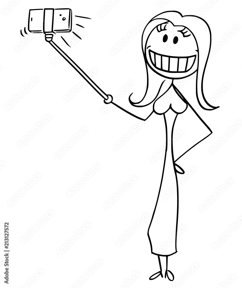 Cartoon stick drawing conceptual illustration of beautiful sexy woman with big artificial smile taking selfie with selfie stick. Cartoon stick drawing conceptual illustration of beautiful sexy woman with big artificial smile taking selfie with selfie stick.