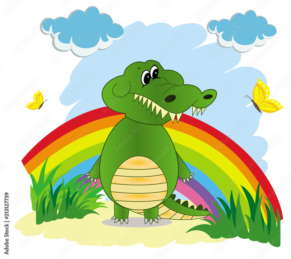 Obraz premium Illustration of a rainbow in the sky with a green cartoon crocodile