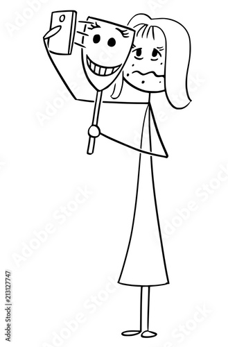 Cartoon stick drawing conceptual illustration of sick, unhappy and unhealthy looking woman taking selfie with smiling mask creating illusion of happy and successful life.