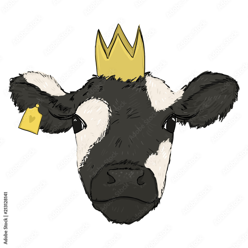 Hand Draw Digital Illustration Of Cow Princess Cow With A Crown With