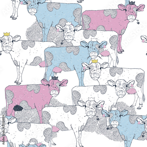Seamless pattern of Cow Princess. Sweet Cows with a crown. Hand draw digital illustration with white background. Cow art for background wallpape fabric. Farm animals. 