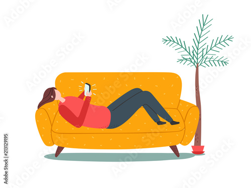 Woman lying on sofa with smartphone. Naive style.
