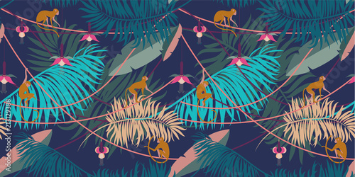 Seamless tropical pattern. Pattern with tropical plants and animals in cartoon style. 