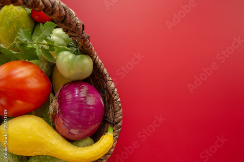 Garden fresh squash cucumber tomato onion pepper with background copy space photo