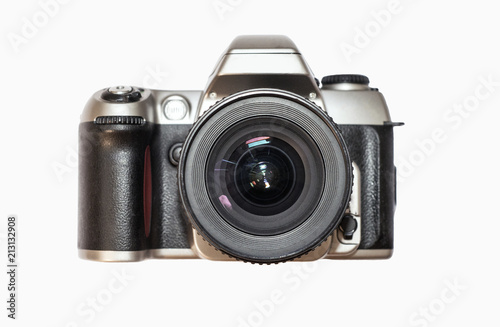 Classic photo camera isolated on white background. Retro camera. Film camera with big round lense