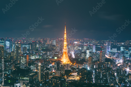 Japan cityscape at dusk. Landscape of Tokyo business building around Tokyo tower. Modern high building in business district area in Japan..
