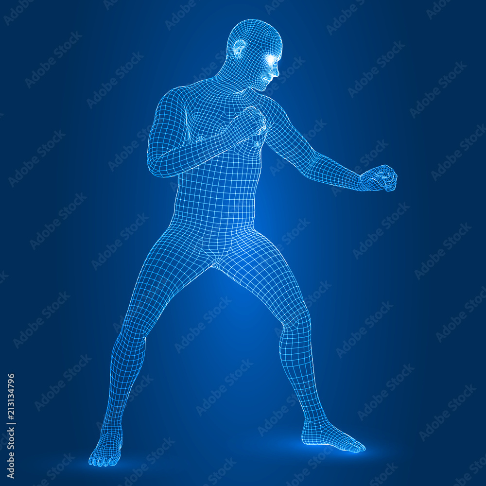 digital man figure in fight guard pose 3d wireframe style vector illustration