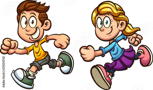 Cute cartoon running boy and girl. Vector clip art illustration with simple gradients. Each on a separate layer. 