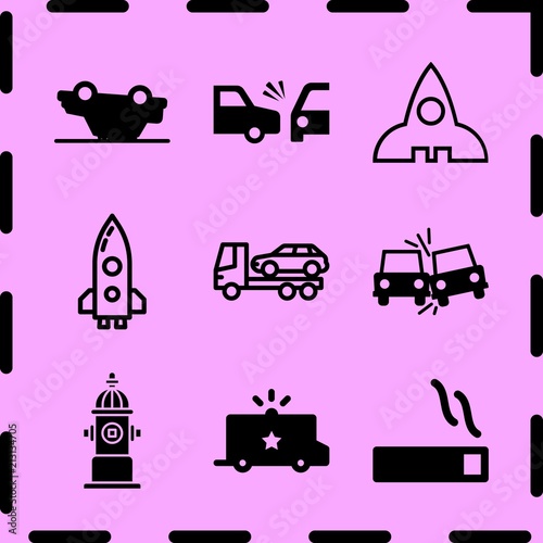 Simple 9 icon set of fire related side crash, rocket, smoking and side crash vector icons. Collection Illustration