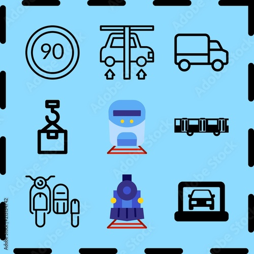 Simple 9 icon set of travel related car, shipping, sidecar and speed limit vector icons. Collection Illustration
