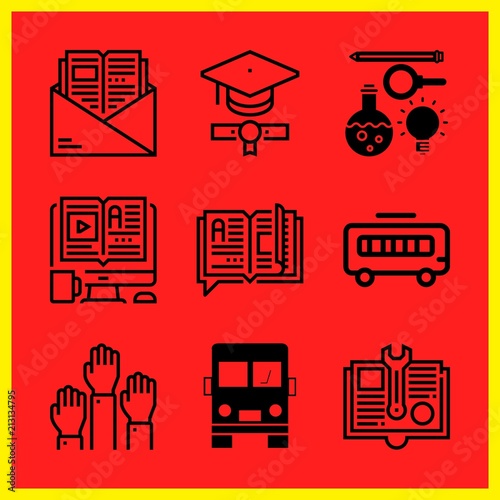 Simple 9 icon set of edication related open book, graduation, school bus and manual vector icons. Collection Illustration
