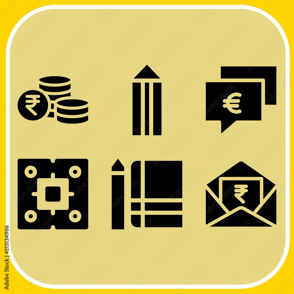 Simple 6 icon set of business related pencil, rupee, notebook and rupee vector icons. Collection Illustration Simple 6 icon set of business related pencil, rupee, notebook and rupee vector icons. Collection Illustration