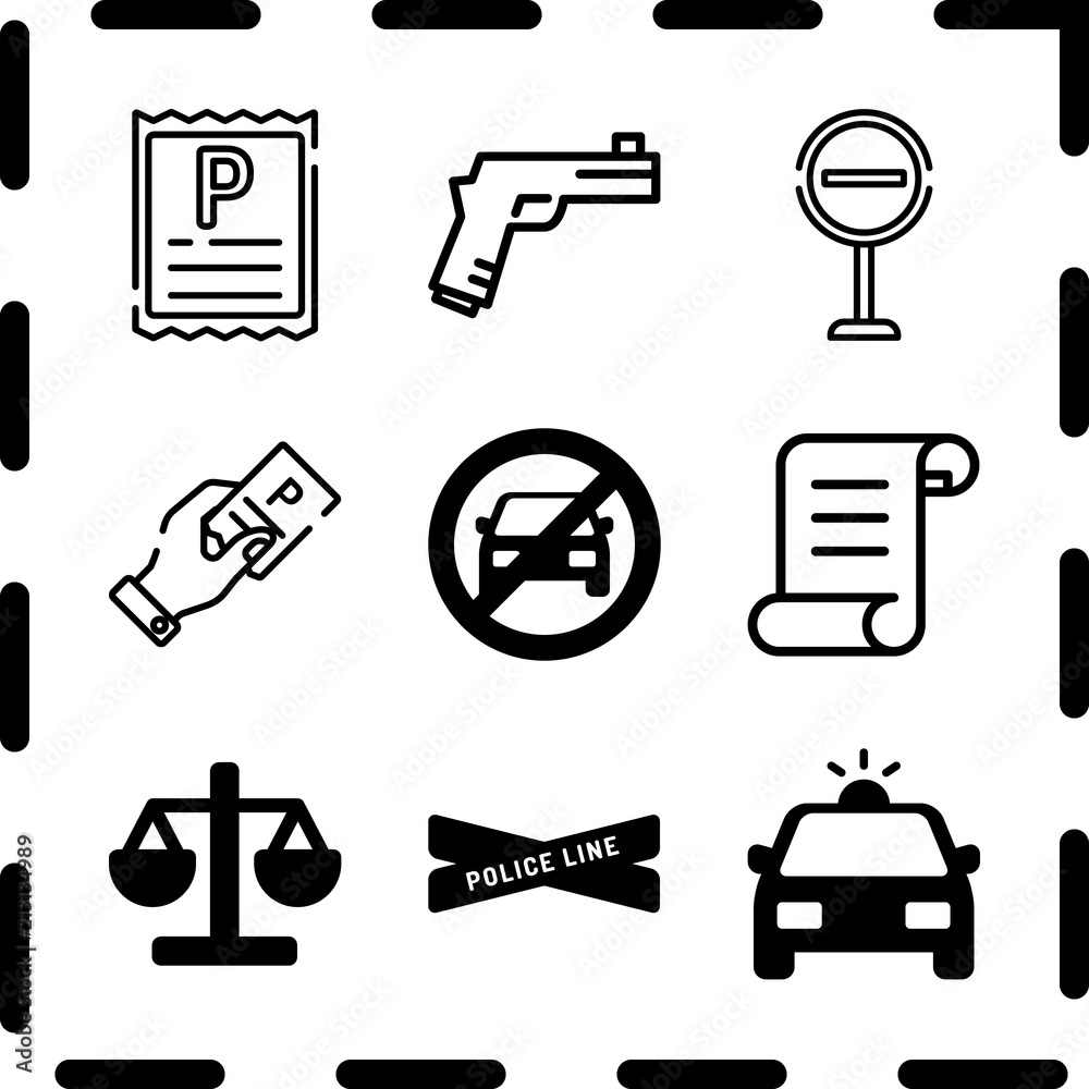 Fototapeta premium Simple 9 icon set of law related gun, parking ticket, stop and legal paper vector icons. Collection Illustration