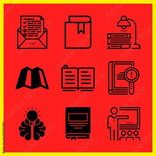 Simple 9 icon set of edication related test, studying, map and book vector icons. Collection Illustration