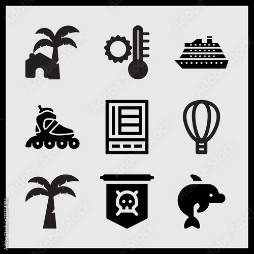 Simple 9 set of Summer related cruise liner, coconut tree, dolphin and beach house vector icons
