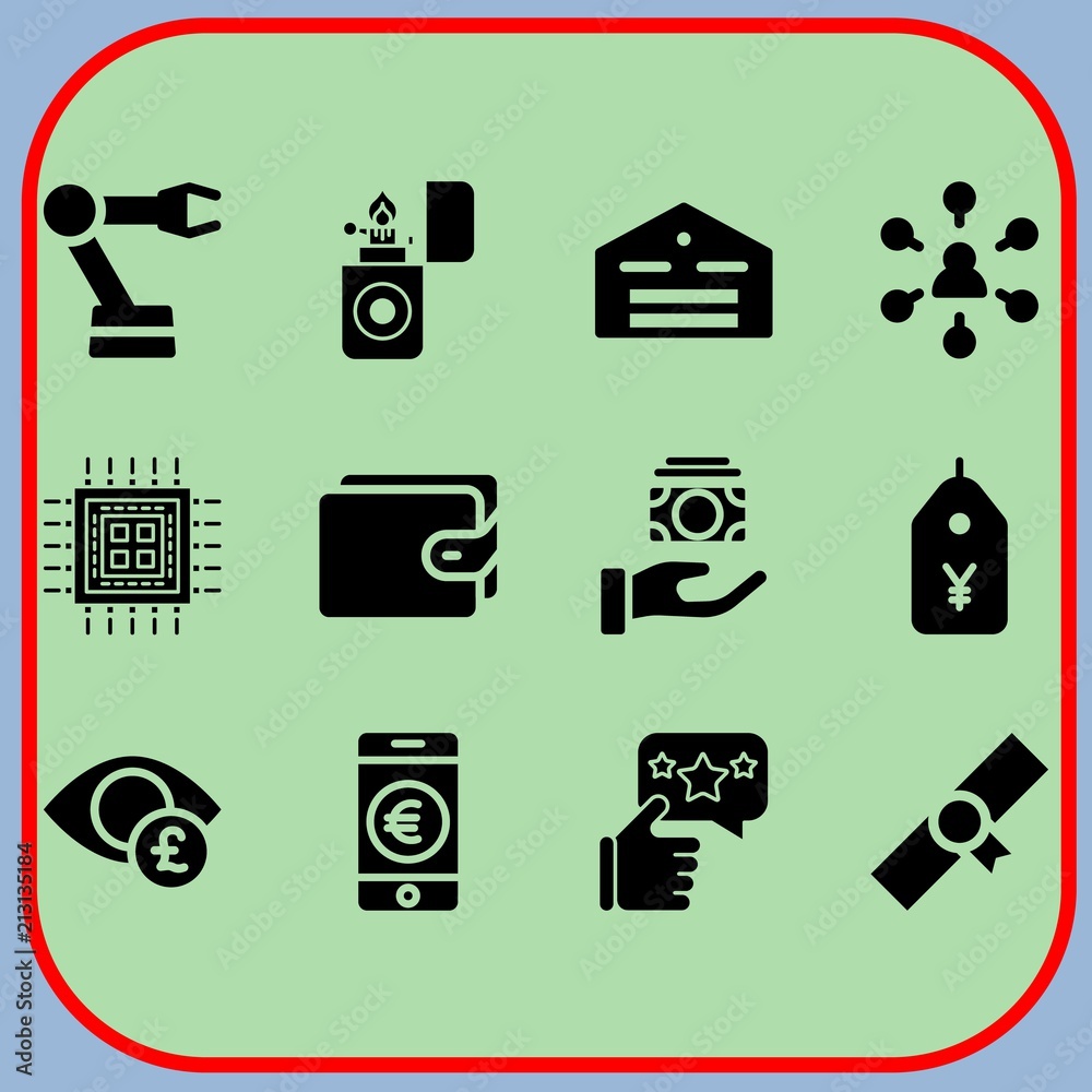 Simple 12 icon set of business related warehouse, diploma, like and wallet vector icons. Collection Illustration Simple 12 icon set of business related warehouse, diploma, like and wallet vector icons. Collection Illustration