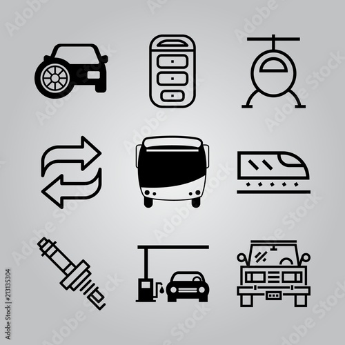 Simple 9 icon set of transport related transfer, helicopter, car with spare tire and car vector icons. Collection Illustration