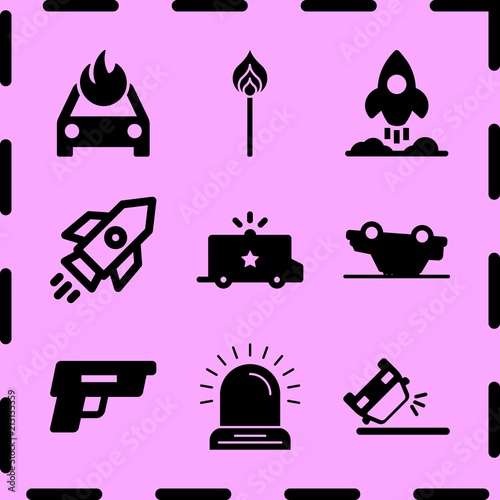 Simple 9 icon set of fire related siren, overturned car, car overturn and rocket vector icons. Collection Illustration