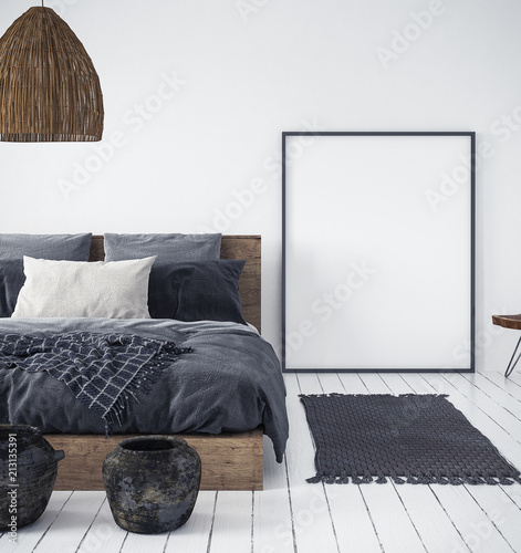 Fototapeta Naklejka Na Ścianę i Meble -  Mock up poster in bedroom interior,ethnic style, 3d render