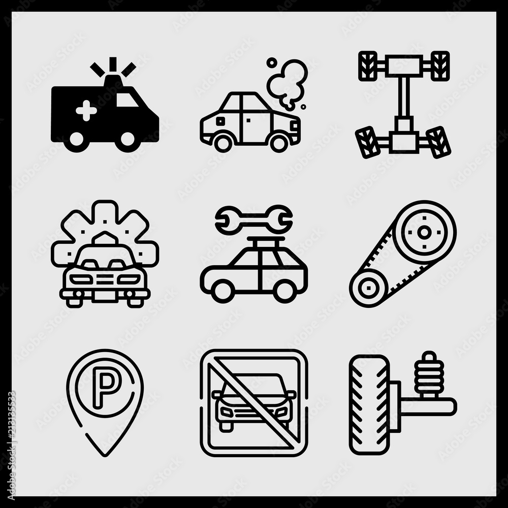 Simple 9 icon set of car related parking, accident, gear and car repair vector icons. Collection Illustration Simple 9 icon set of car related parking, accident, gear and car repair vector icons. Collection Illustration